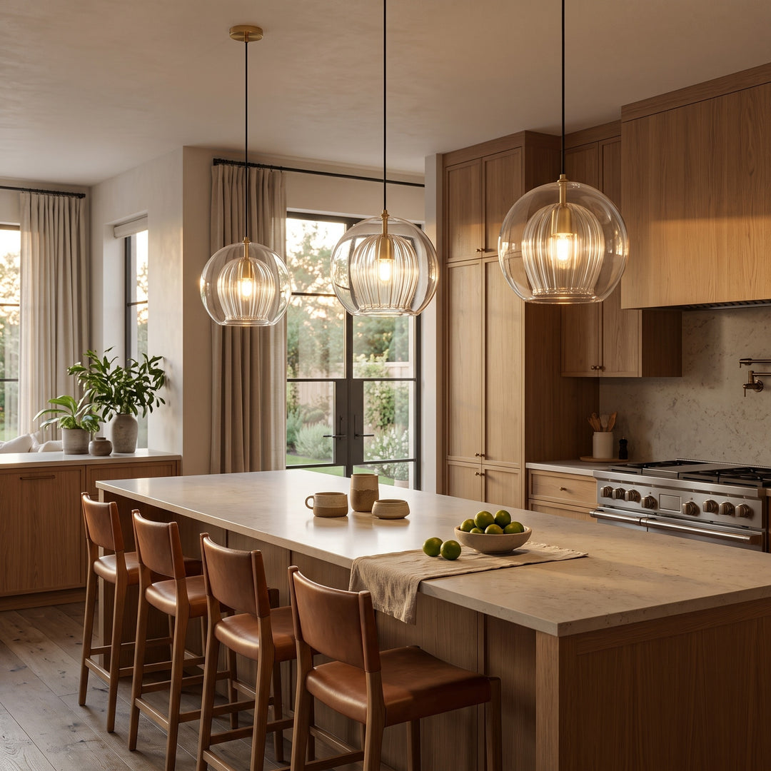Ribbed Glass Globe Pendant Light styled in a home interior