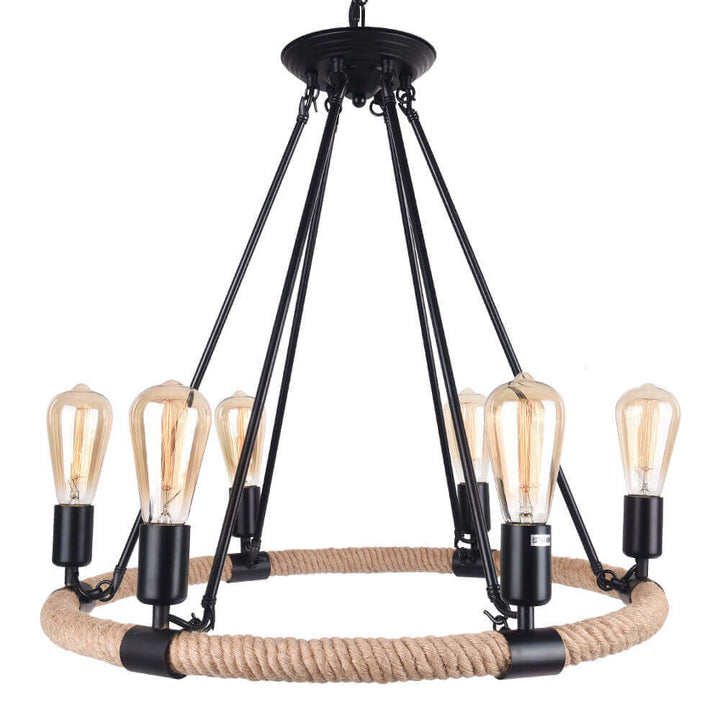 Rope Wheel Chandelier | Rustic Farmhouse Black Metal Chandelier