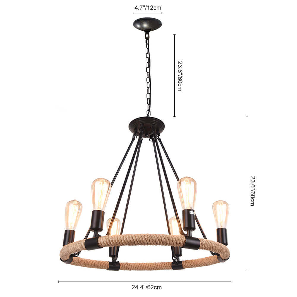 Rope Wheel Chandelier | Rustic Farmhouse Black Metal Chandelier