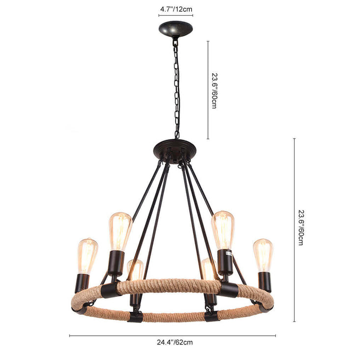 Rope Wheel Chandelier | Rustic Farmhouse Black Metal Chandelier