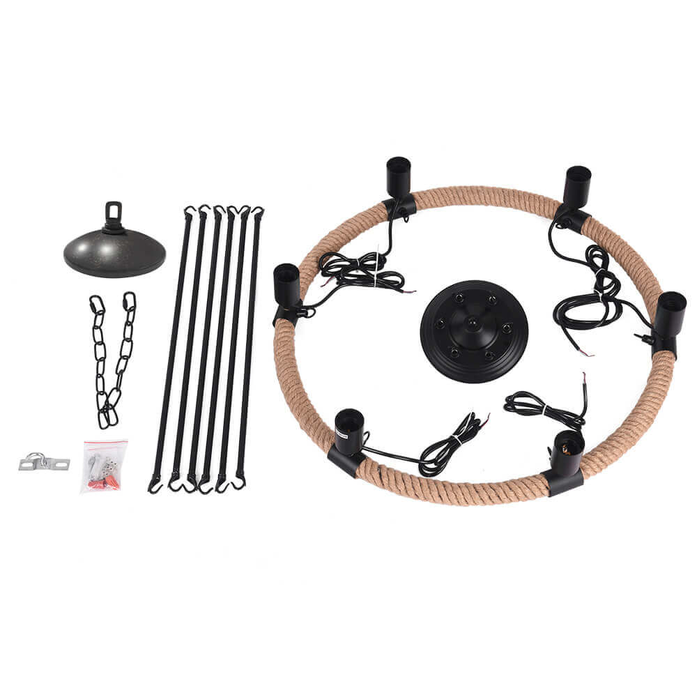 Rope Wheel Chandelier | Rustic Farmhouse Black Metal Chandelier