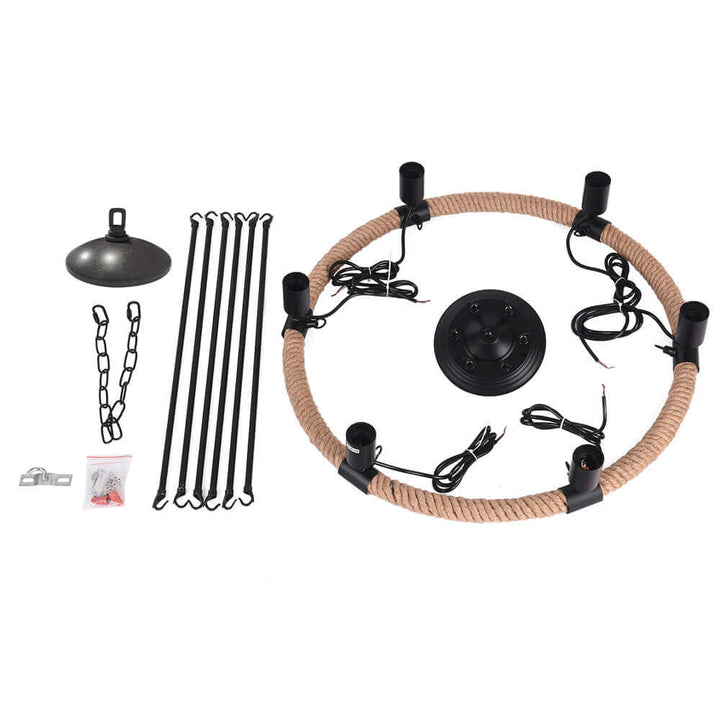 Rope Wheel Chandelier | Rustic Farmhouse Black Metal Chandelier