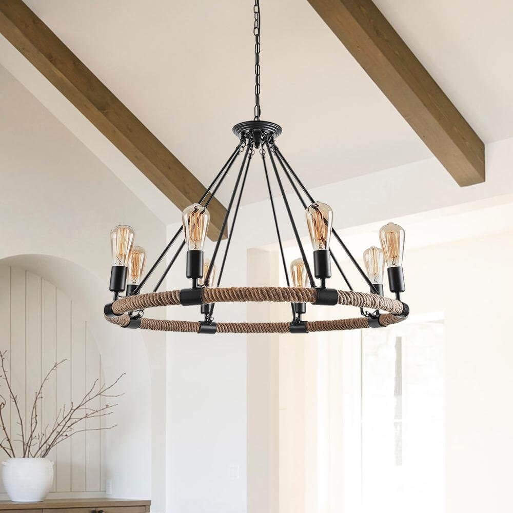 Rope Wheel Chandelier | Rustic Farmhouse Black Metal Chandelier