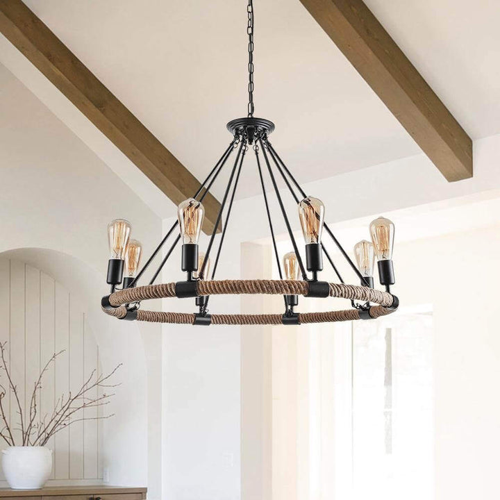 Rope Wheel Chandelier | Rustic Farmhouse Black Metal Chandelier