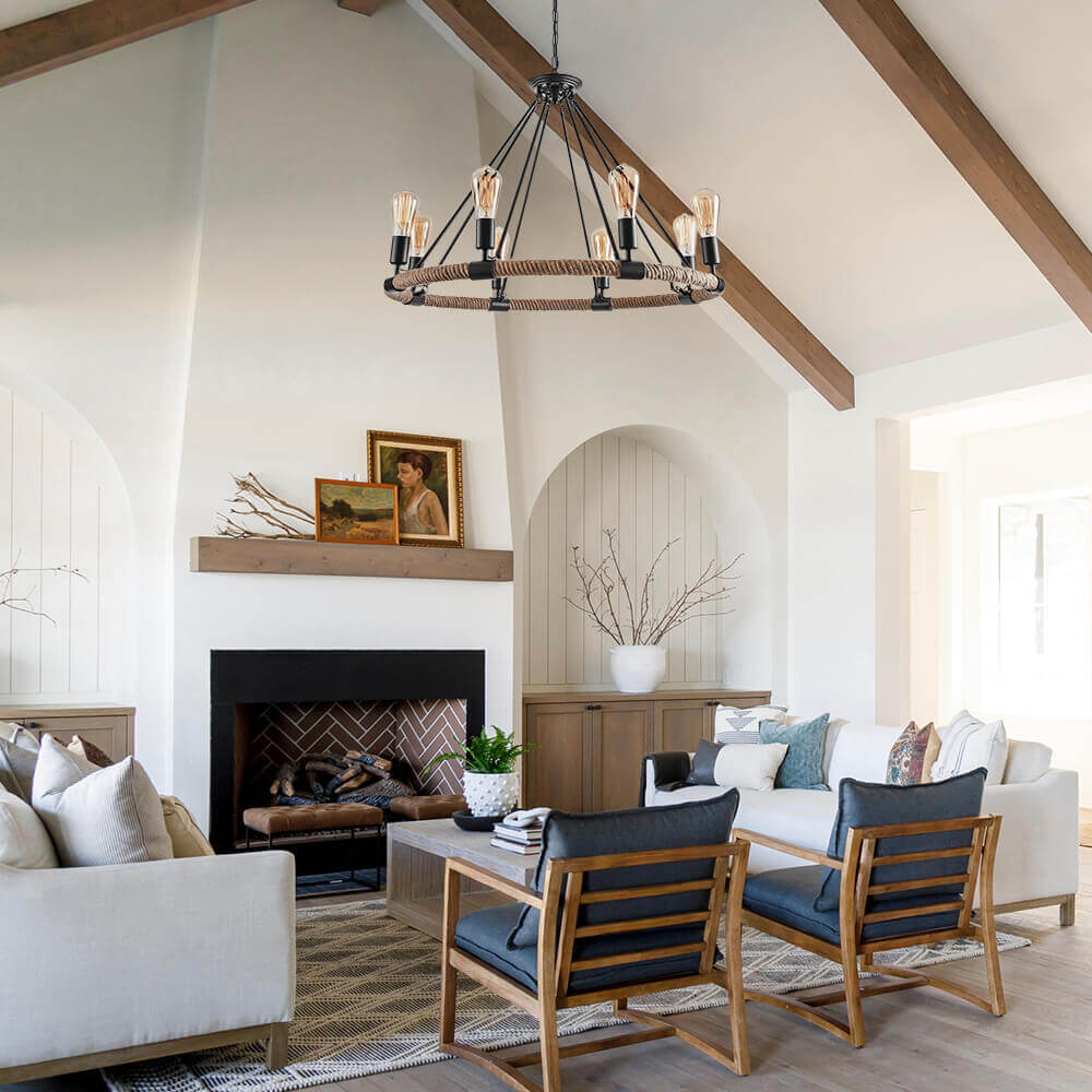 Rope Wheel Chandelier | Rustic Farmhouse Black Metal Chandelier