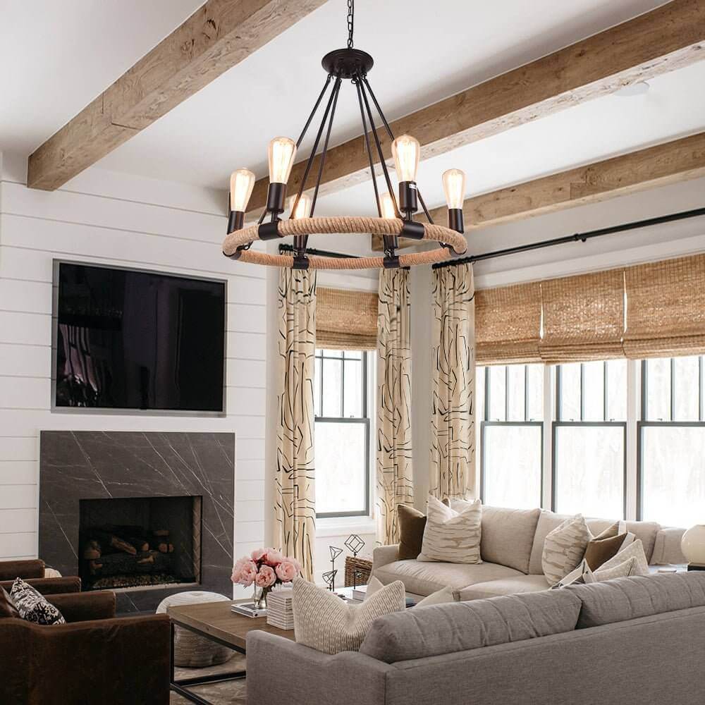 Rope Wheel Chandelier | Rustic Farmhouse Black Metal Chandelier