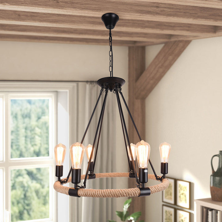 Rope Wheel Chandelier | Rustic Farmhouse Black Metal Chandelier