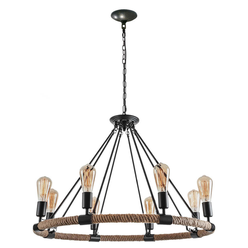 Rope Wheel Chandelier | Rustic Farmhouse Black Metal Chandelier