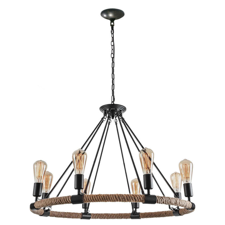 Rope Wheel Chandelier | Rustic Farmhouse Black Metal Chandelier