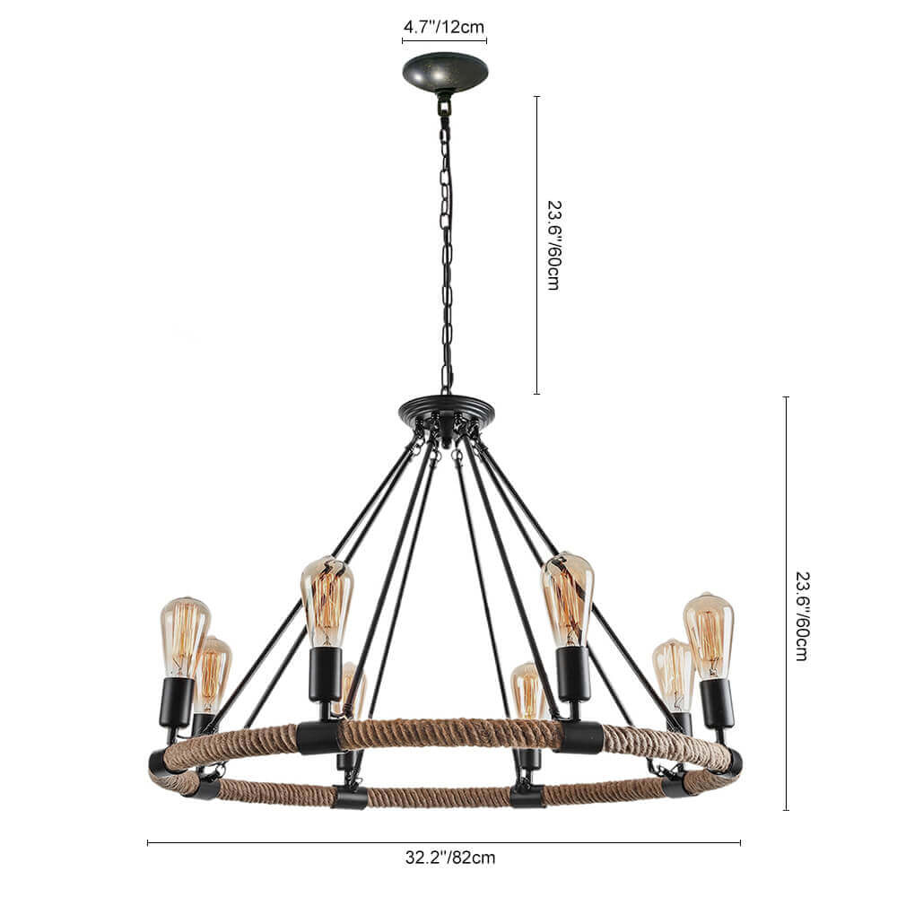 Rope Wheel Chandelier | Rustic Farmhouse Black Metal Chandelier