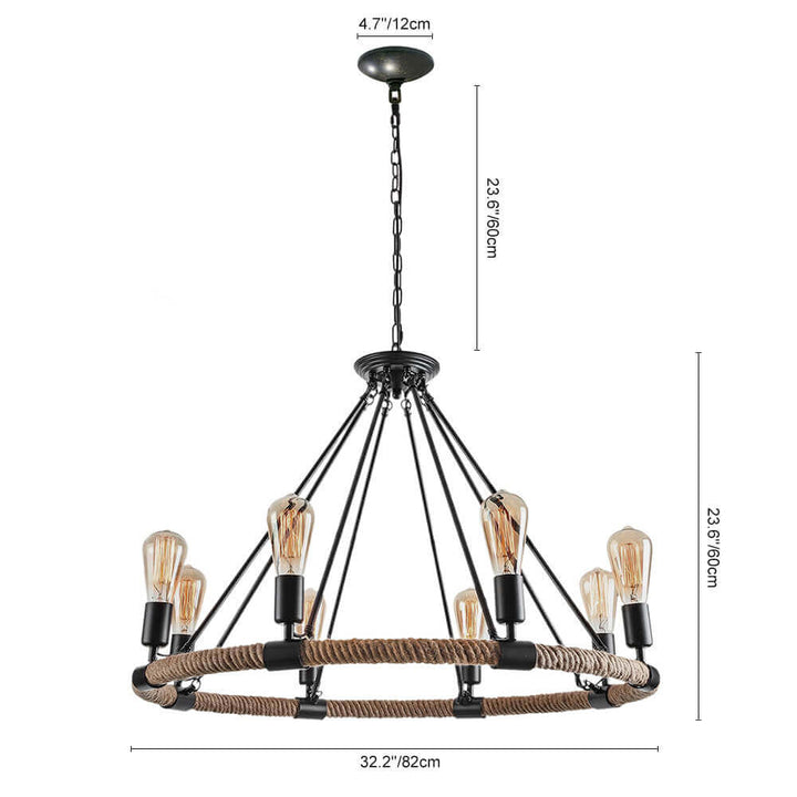Rope Wheel Chandelier | Rustic Farmhouse Black Metal Chandelier