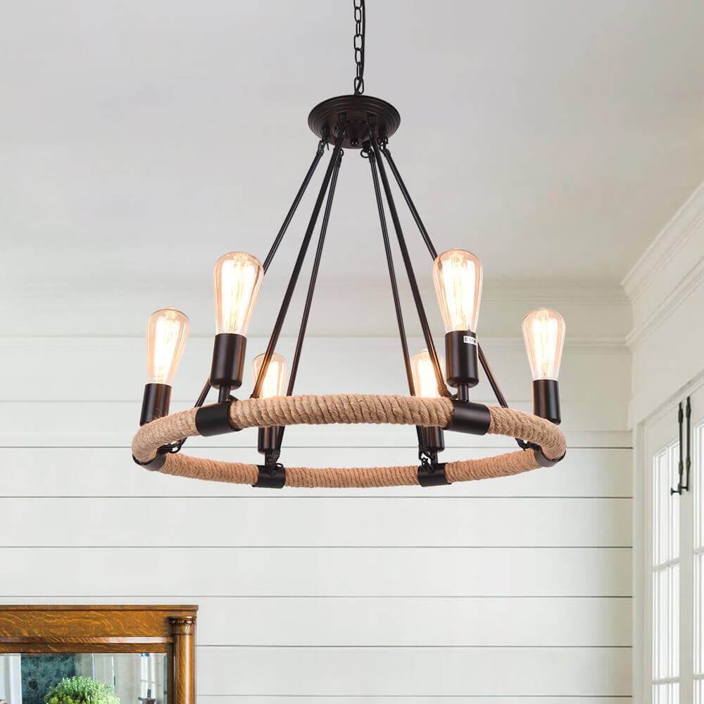 Rope Wheel Chandelier | Rustic Farmhouse Black Metal Chandelier