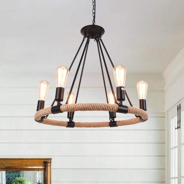 Rope Wheel Chandelier | Rustic Farmhouse Black Metal Chandelier