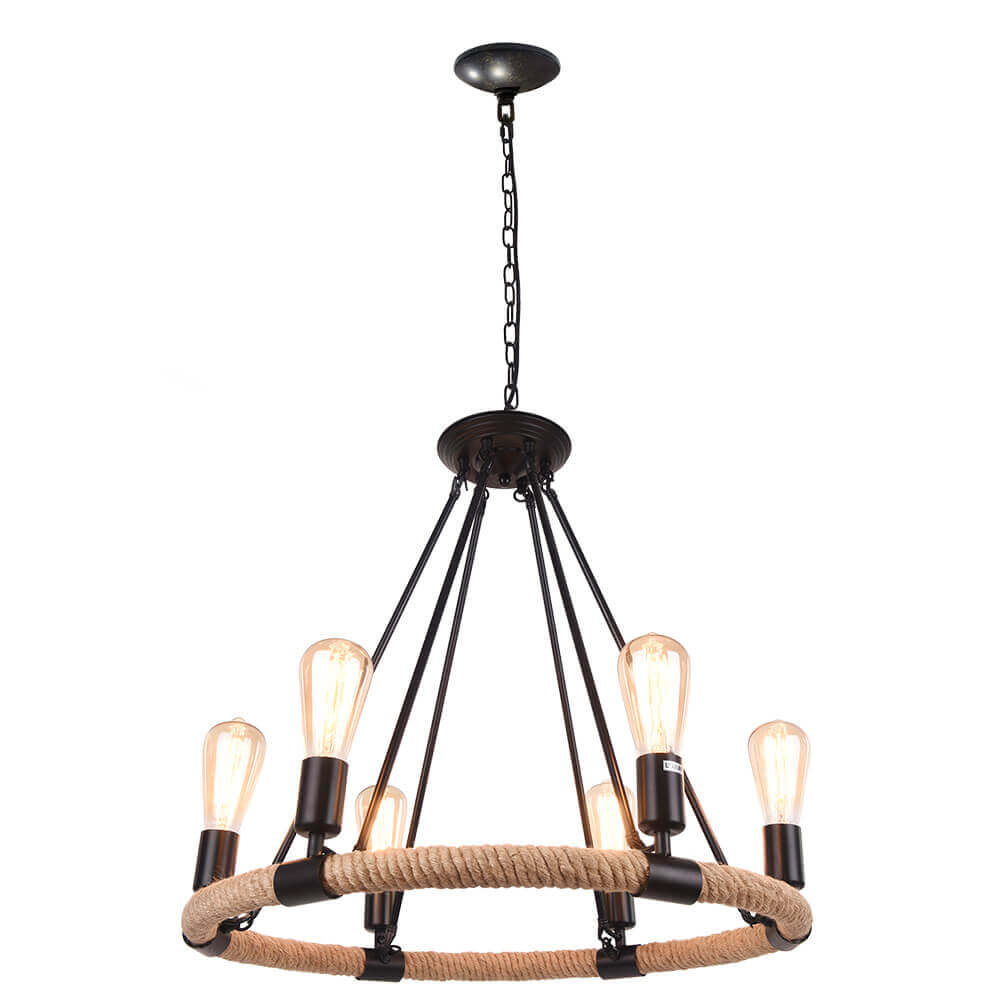 Rope Wheel Chandelier | Rustic Farmhouse Black Metal Chandelier