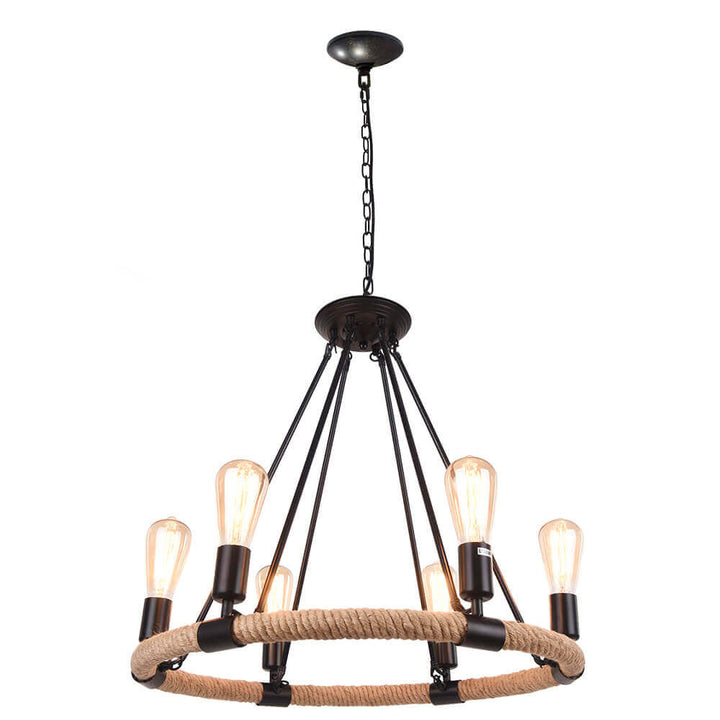 Rope Wheel Chandelier | Rustic Farmhouse Black Metal Chandelier