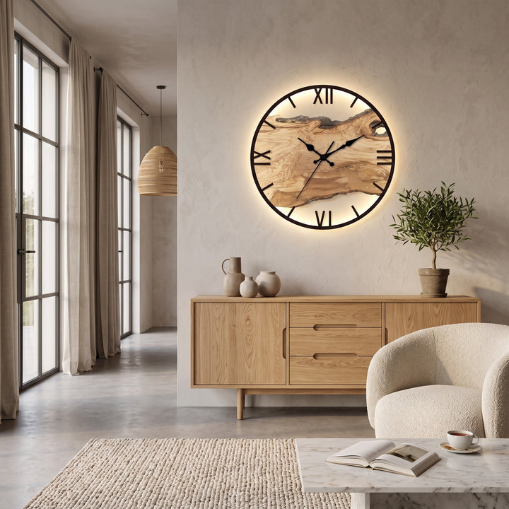 Round Wall Clock - Live Edge Wood and Metal Frame