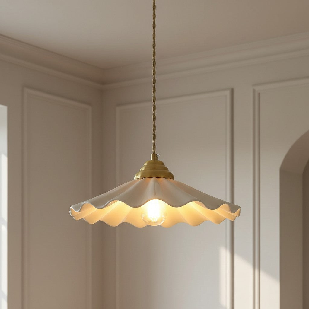 Scalloped Ceramic Pendant Light | Scandinavian Gold Dining Pendant