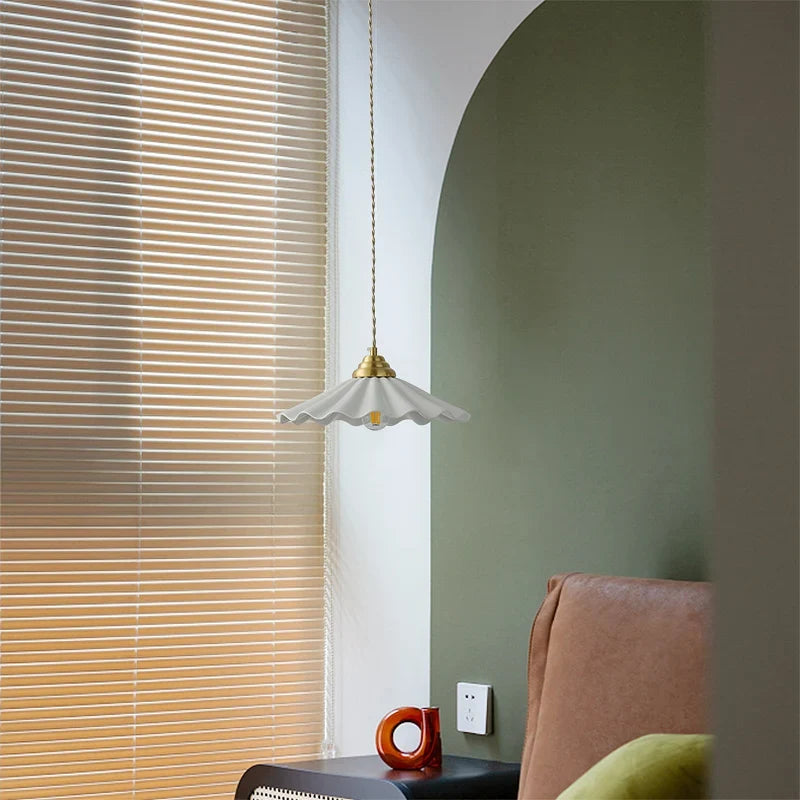 Scalloped Ceramic Pendant Light | Scandinavian Gold Dining Pendant