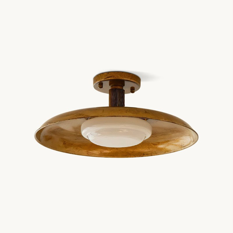Semi-Flush Ceiling Lamp - Sculptural Metal Disc with Glass Shade
