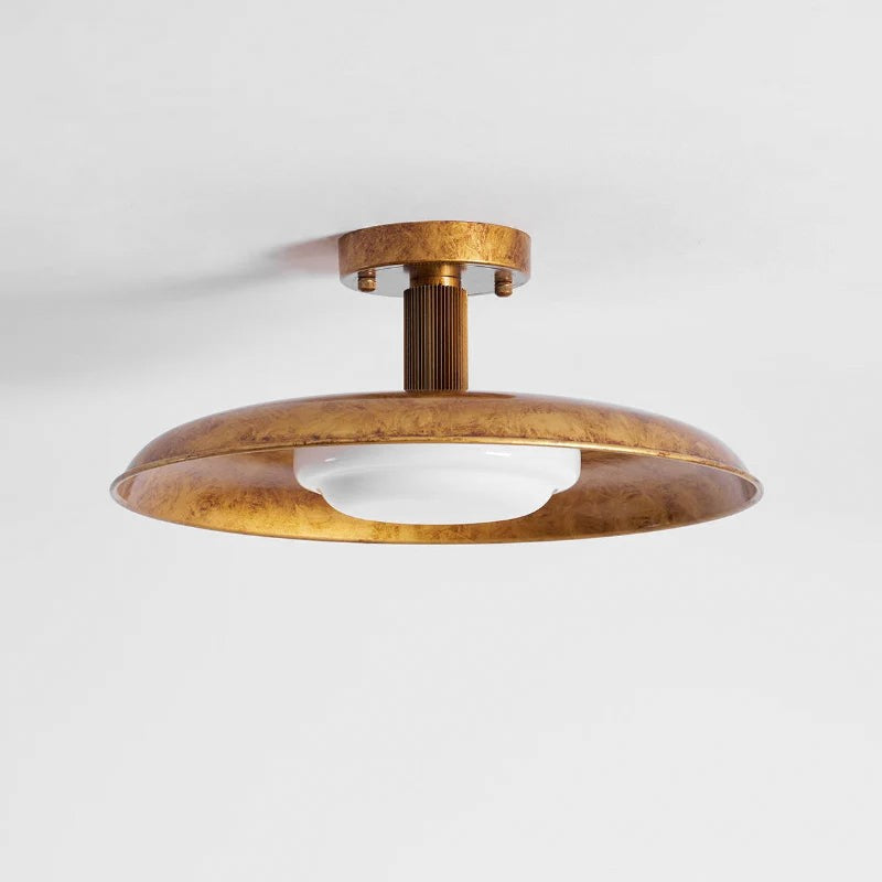 Semi-Flush Ceiling Lamp - Sculptural Metal Disc with Glass Shade