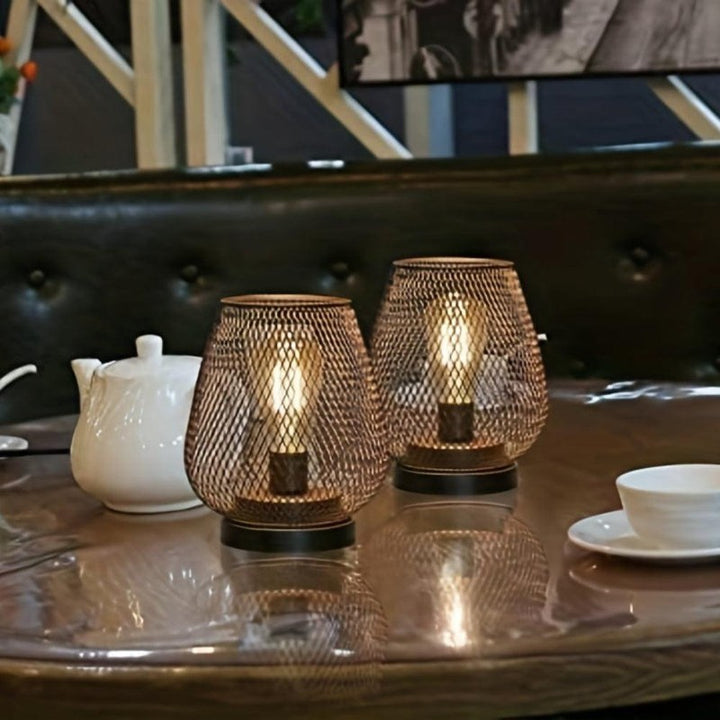 Set of 2 Lantern Table Lamps - Mesh Diamond Pattern LED