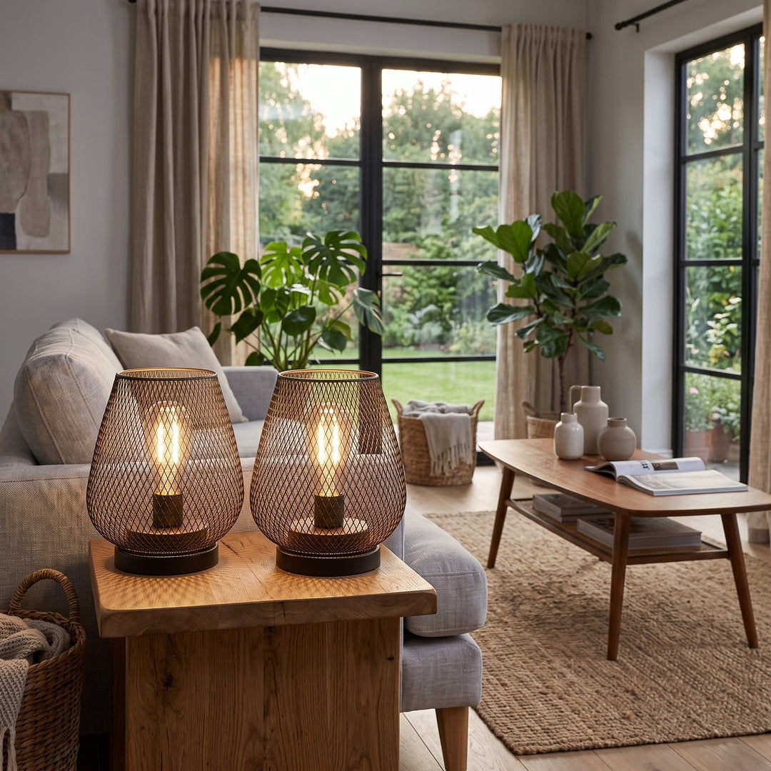 Set of 2 Lantern Table Lamps - Mesh Diamond Pattern LED