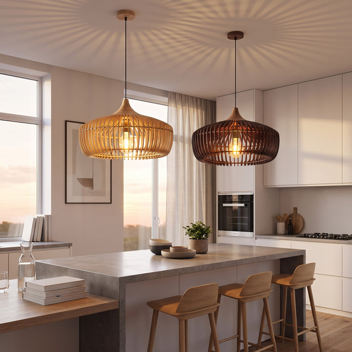 Slatted Wood Pendant Light styled in a home interior