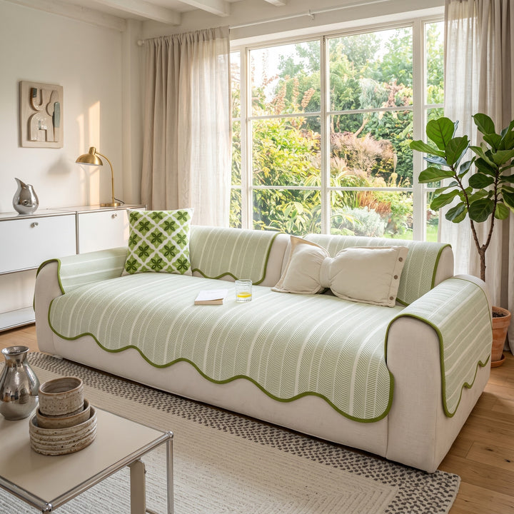 Sofa Cover with Herringbone Pattern - Scalloped Edge