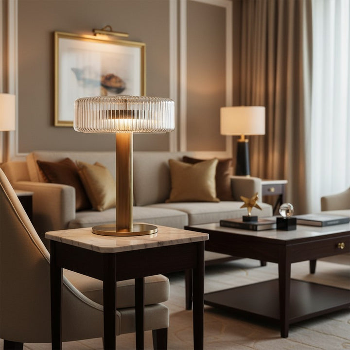 Table Lamp - Ribbed Glass Shade with Gold Finish