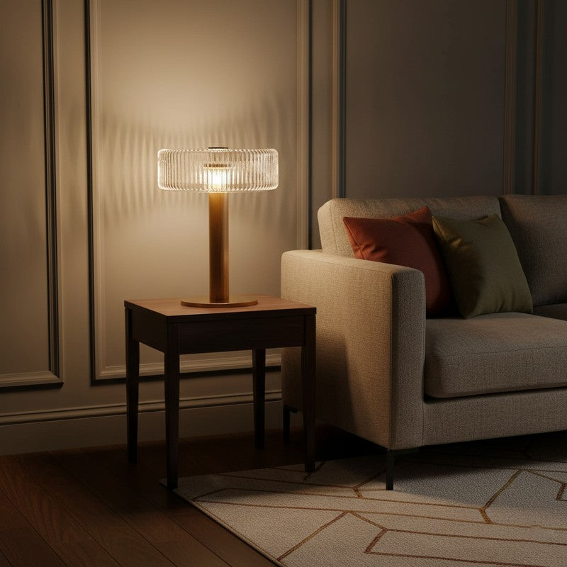 Table Lamp - Ribbed Glass Shade with Gold Finish