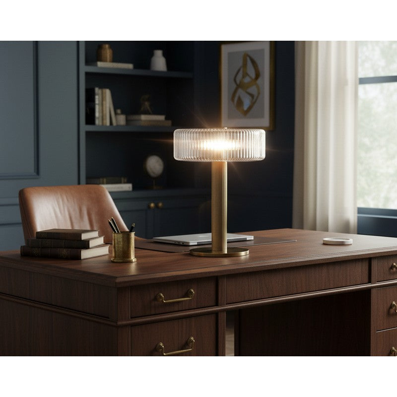 Table Lamp - Ribbed Glass Shade with Gold Finish