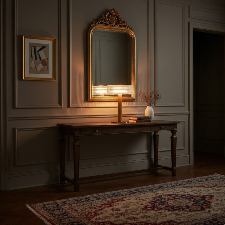 Table Lamp - Ribbed Glass Shade with Gold Finish