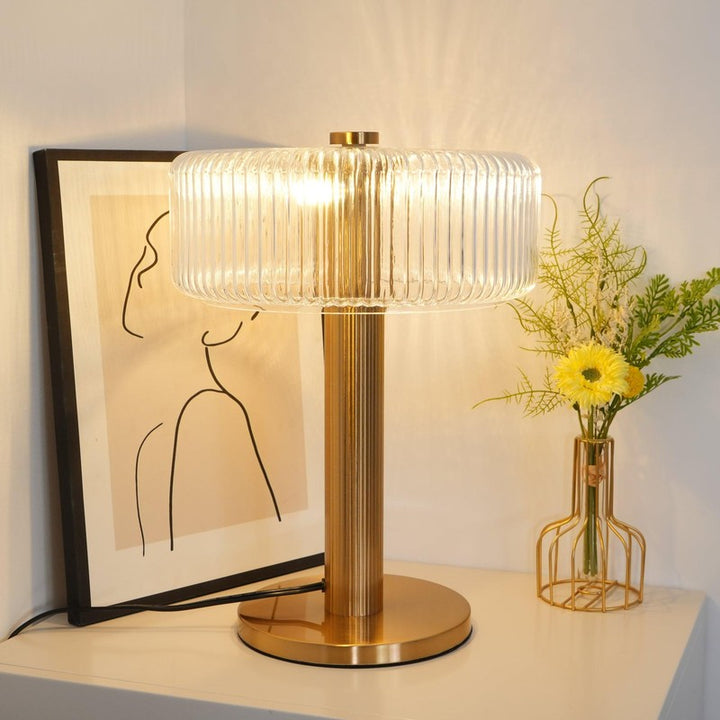 Table Lamp - Ribbed Glass Shade with Gold Finish