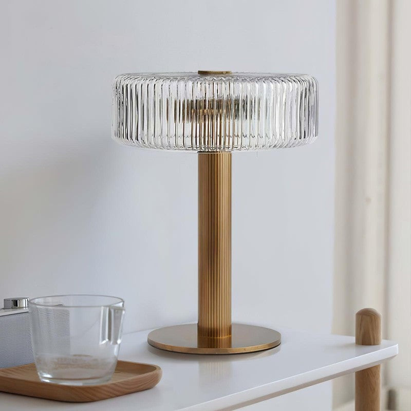 Table Lamp - Ribbed Glass Shade with Gold Finish