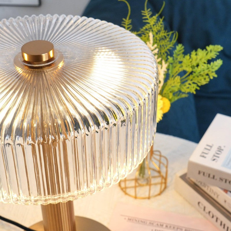 Table Lamp - Ribbed Glass Shade with Gold Finish