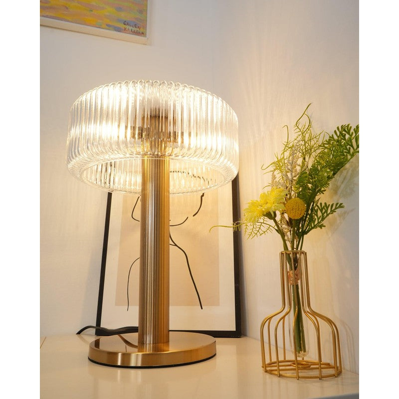 Table Lamp - Ribbed Glass Shade with Gold Finish
