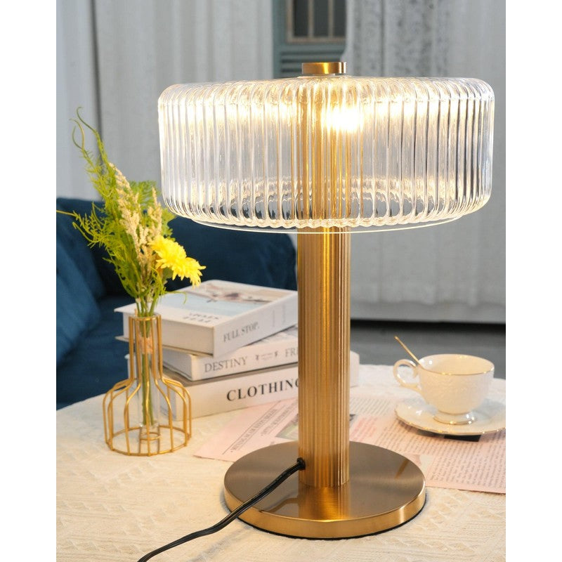 Table Lamp - Ribbed Glass Shade with Gold Finish