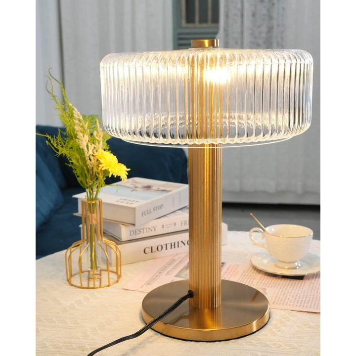 Table Lamp - Ribbed Glass Shade with Gold Finish
