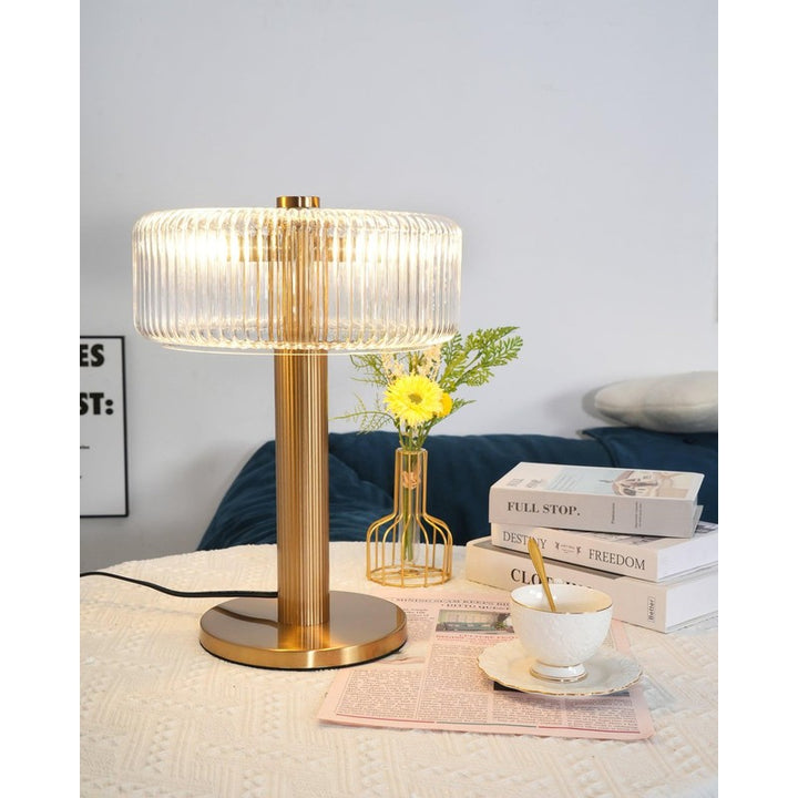Table Lamp - Ribbed Glass Shade with Gold Finish