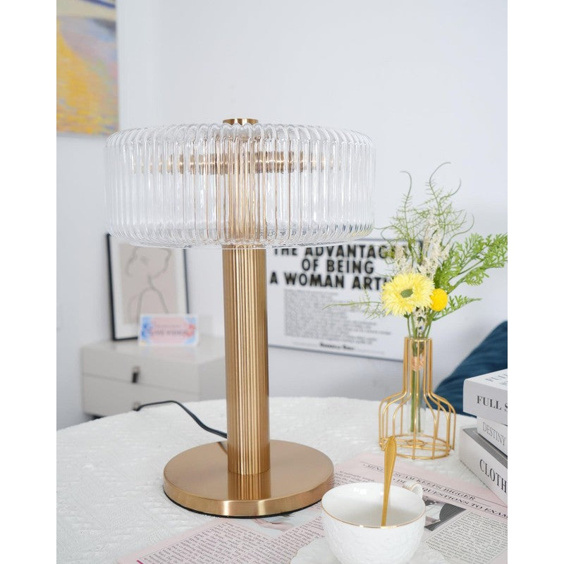 Table Lamp - Ribbed Glass Shade with Gold Finish