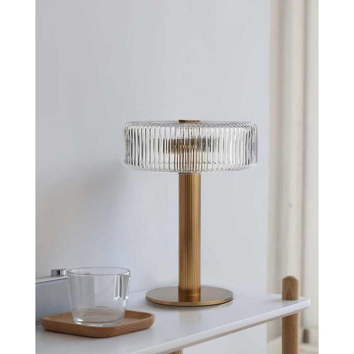 Table Lamp - Ribbed Glass Shade with Gold Finish