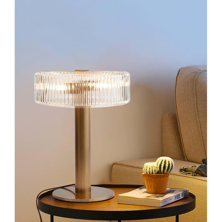 Table Lamp - Ribbed Glass Shade with Gold Finish
