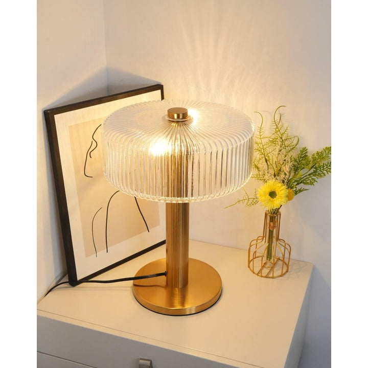 Table Lamp - Ribbed Glass Shade with Gold Finish