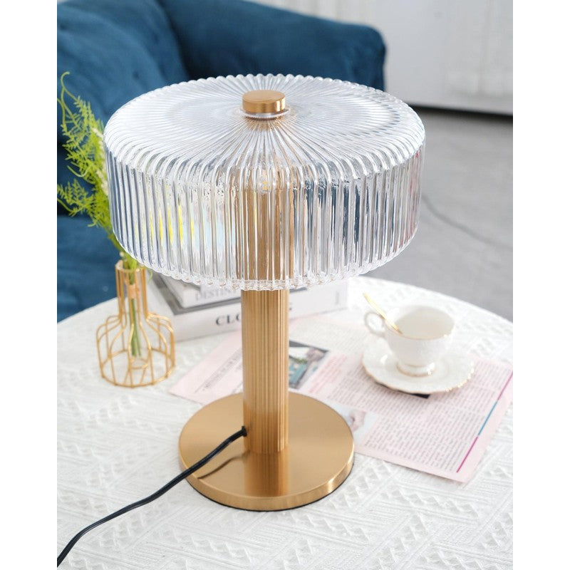Table Lamp - Ribbed Glass Shade with Gold Finish