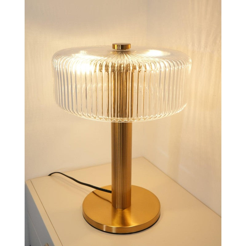 Table Lamp - Ribbed Glass Shade with Gold Finish