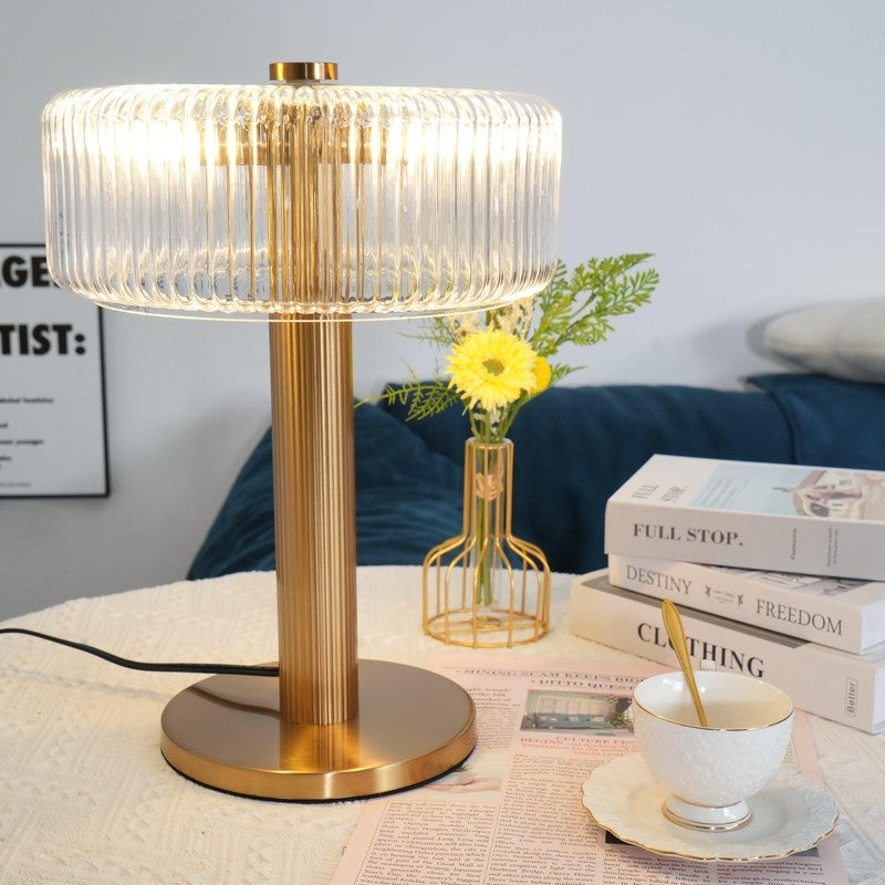 Table Lamp - Ribbed Glass Shade with Gold Finish