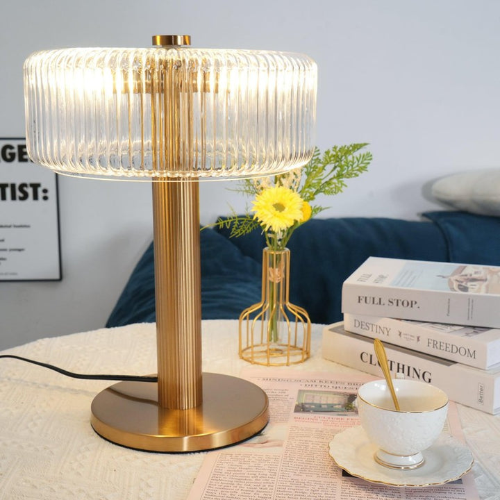 Table Lamp - Ribbed Glass Shade with Gold Finish