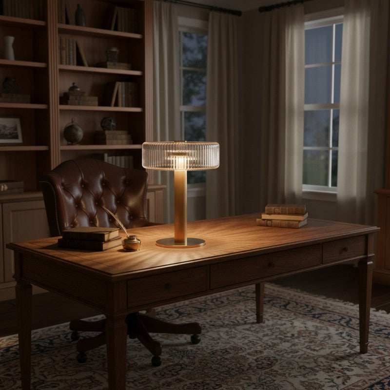 Table Lamp - Ribbed Glass Shade with Gold Finish