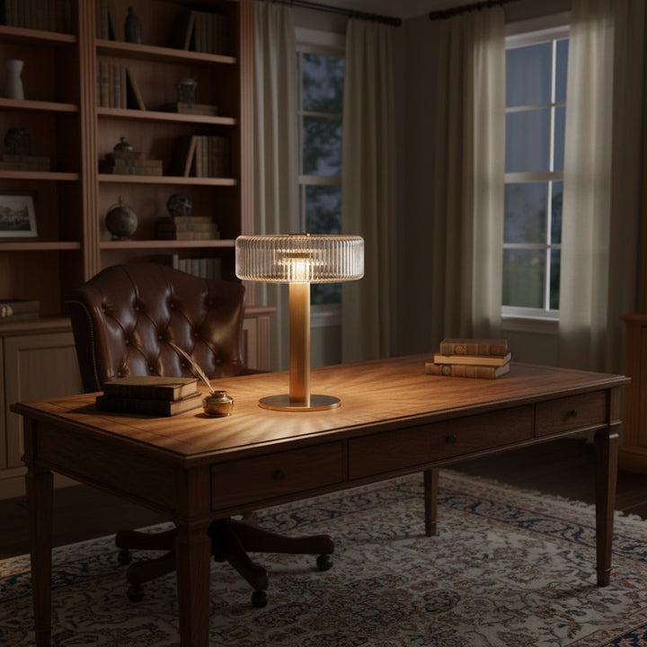 Table Lamp - Ribbed Glass Shade with Gold Finish