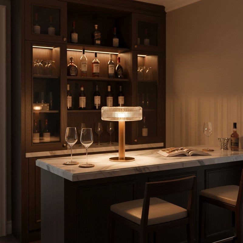 Table Lamp - Ribbed Glass Shade with Gold Finish